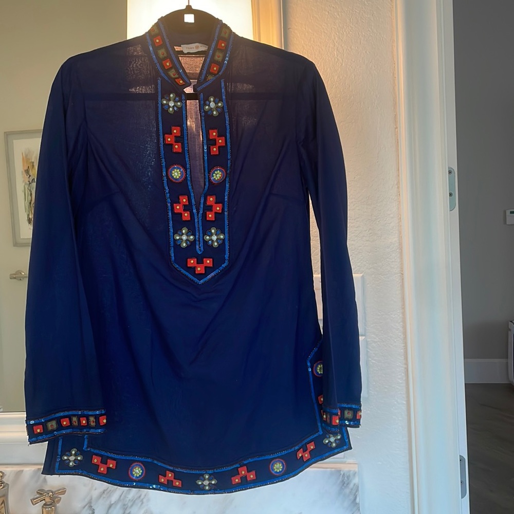 Tory Burch blue tunic with beaded detail